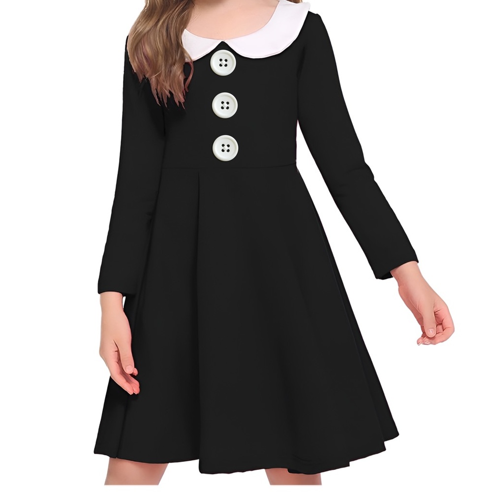 GORLYA Girls Long Sleeve Peter Pan Collar Flare Black Dress Wednesday Costume 4